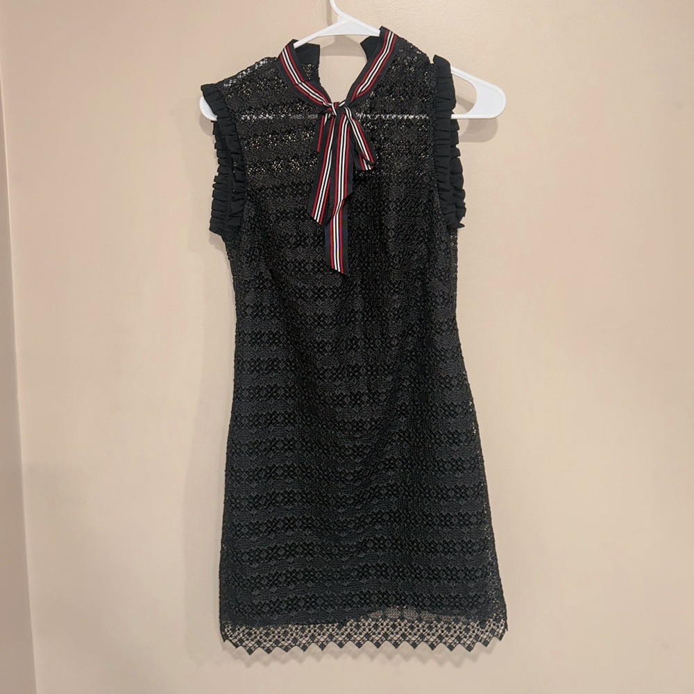 Elegant Black Lace Dress with Striped Bow